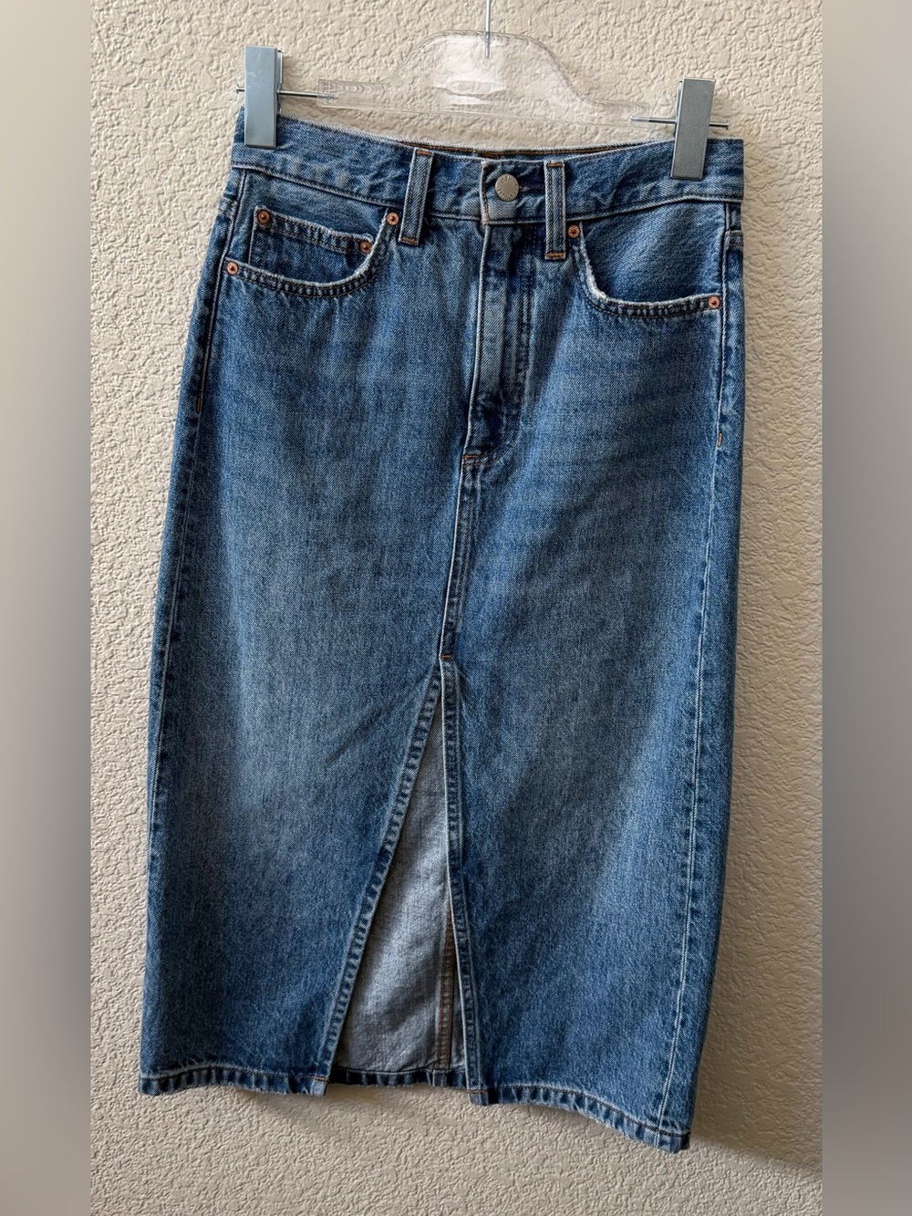 Denim Forum ARITZIA (24) 90’s Halle Denim Midi Skirt Front Slit Organic Cotton